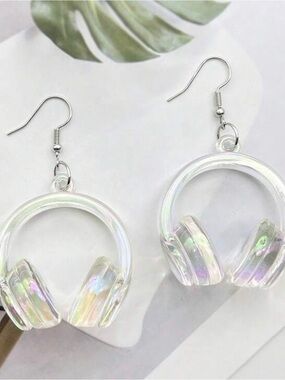 Iridescent Clear Hoop Headphone Drop Earrings - Women Jewelry